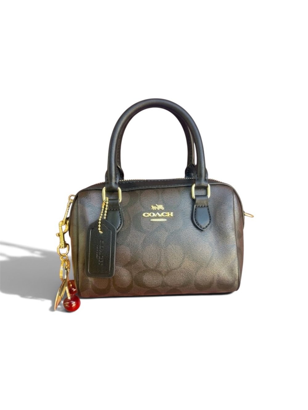 Brown Mini Satchel with Gold Hardware and Black Handles